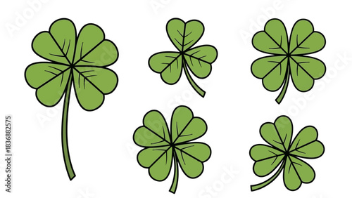 Collection of assorted clover leaf illustrations representing luck and nature, a symbol of good fortune and botanical beauty