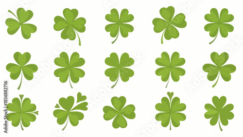 A collection of various green cloverleaf symbols representing luck and nature, arranged in a grid