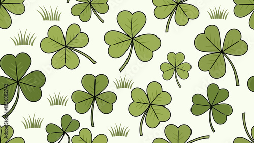 Seamless pattern of lucky four-leaf clovers and grass, a symbol of good fortune and Irish heritage, perfect for St. Patrick's Day celebrations and spring themes