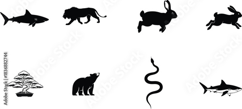 Black silhouettes of various animals including a shark wolf rabbit and snake