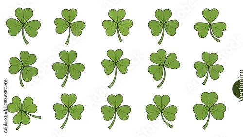 Vibrant green three-leaf clover illustrations in a grid, symbolizing natural beauty and a hint of good fortune, perfect for spring designs and celebratory graphic elements and projects
