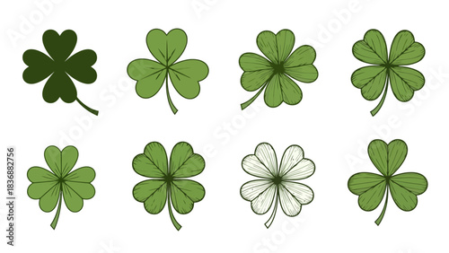Collection of various clover leaf illustrations in different shades of green and some detailed with outlines