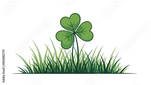 A single green clover with three leaves grows vibrantly in a patch of lush green grass, symbolizing luck and nature's beauty