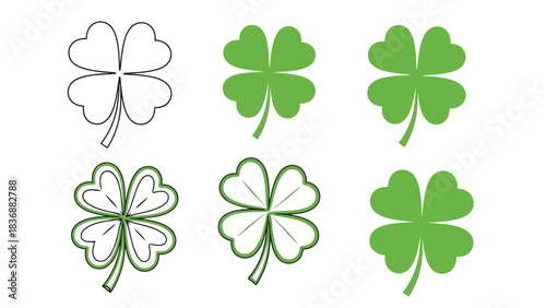 Four-leaf clover designs, outline and filled-in green variations, symbolizing luck and good fortune