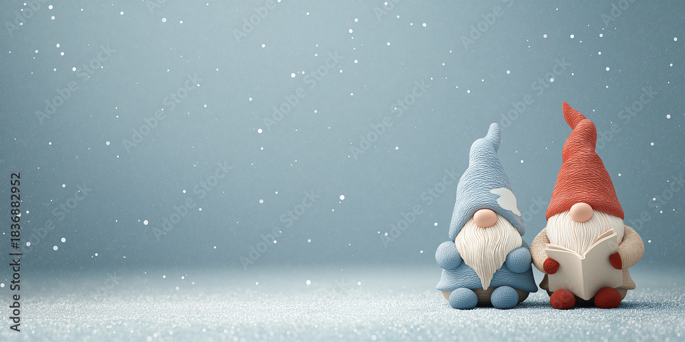 Fototapeta premium Two cheerful gnomes read together as soft snowflakes drift in a serene winter scene Generative AI