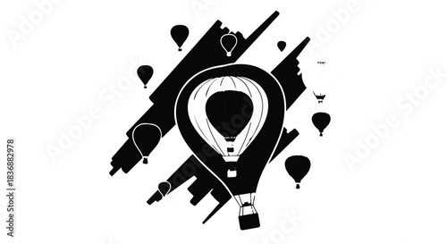 Whimsical hot air balloons ascend against a dynamic abstract background, evoking adventure and freedom.