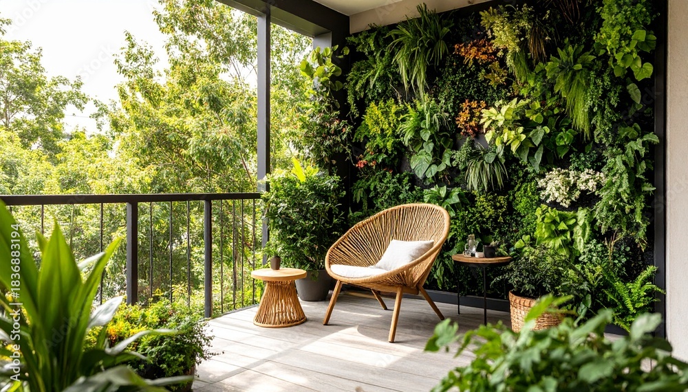Obraz premium Cozy Balcony with Vertical Garden and Rattan Chair.