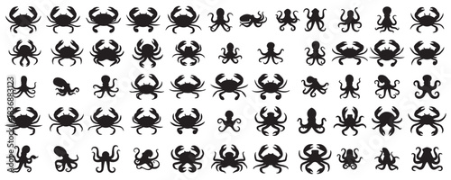 Diverse seafood black and white icons set.