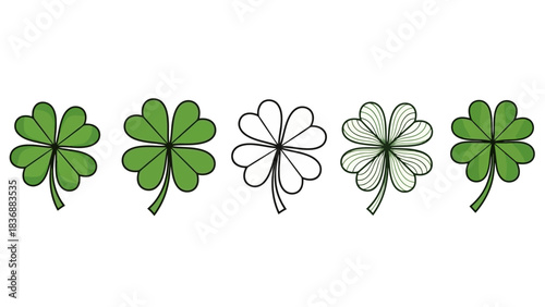 A line of four-leaf clovers in varying styles, showcasing luck and nature's bounty in green hues