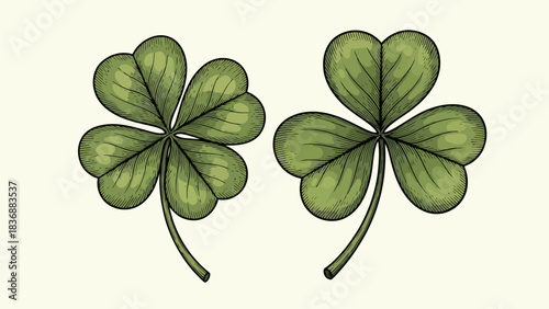 Detailed vintage illustration featuring a vibrant green four-leaf clover alongside a classic three-leaf shamrock, elegantly symbolizing good luck and prosperity