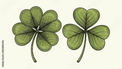 Lucky Irish Symbols A Pair of Green Clover Leaves, One Four-Leaf and One Three-Leaf