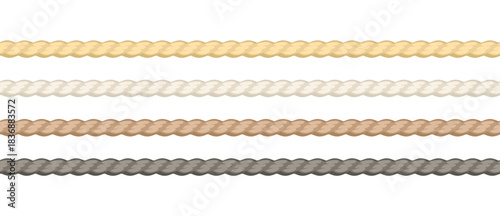 Hemp or cotton rope set. Seamless cord in yellow, white, black, and brown colors. Vector cartoon flat illustration.