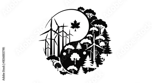 Harmonious balance of renewable energy and nature within a yin yang symbol