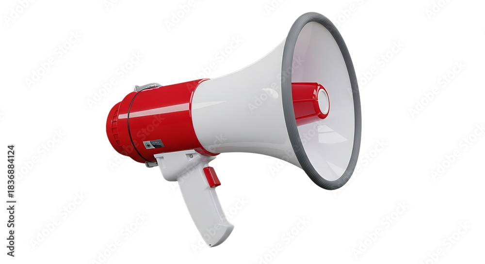 Naklejka premium Red and white megaphone isolated on black background essential communication tool amplified voice device