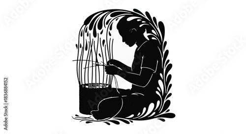 Child focused on crafting a woven basket amidst organic floral design