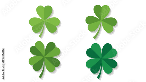 A vibrant collection of green shamrock and lucky four-leaf clover icons, symbolizing good fortune and Irish heritage, ideal for seasonal celebrations or nature-themed designs