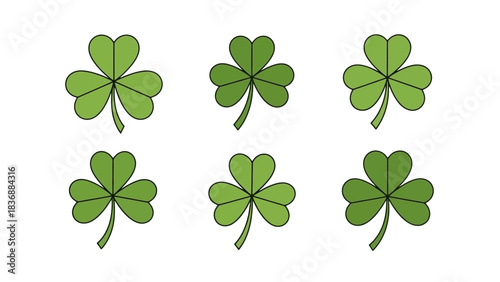 Six green shamrocks arranged in two rows, symbolizing good luck and the spirit of Saint Patrick's Day