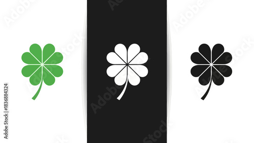 Elegant vector four-leaf clover icons in green, white, and black. Graphics symbolize good luck, fortune, and prosperity, ideal for diverse digital design and themed projects