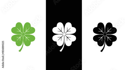 Green, white, and black four-leaf clover illustrations on a vertical striped background