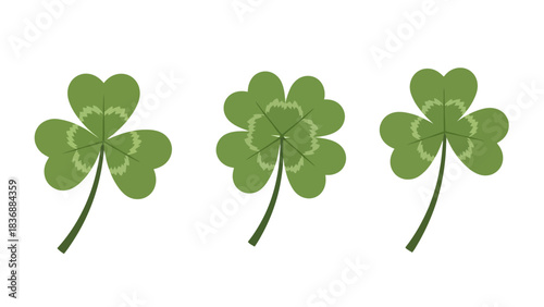 Three green clover leaves, with one four-leaf clover symbolizing luck and fortune, against a white background