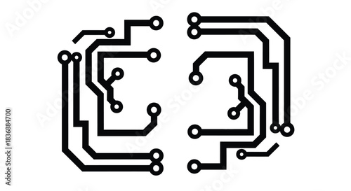 Circuit board design with black lines and white dots on transparent background
