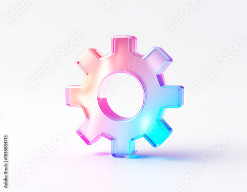 Wallpaper Mural Glossy translucent 3D gear with eight teeth in a pink–purple–blue gradient, reflective finish and subtle shadow on a light background—modern mechanical icon for tech and design. Torontodigital.ca