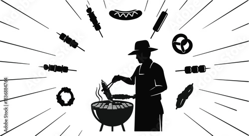 Silhouette of a chef grilling food with various ingredients radiating outwards