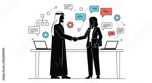 Business partners shaking hands in modern office space with laptops