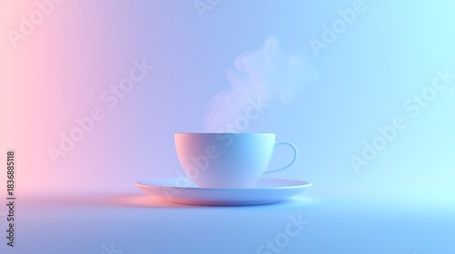 Steaming white cup on saucer with vibrant neon lighting.