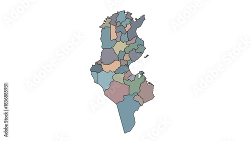 Map of Tunisia with administrative divisions highlighted in various colors, illustrating regional boundaries