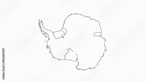 Simple vector outline map of the Antarctic continent, highlighting its distinct shape and regional divisions. A clean graphic for educational resources, cartography, and design