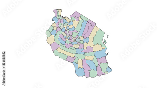 Map of Tanzania divided into administrative regions, a colorful representation of its political geography and borders, showcasing internal divisions