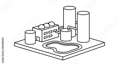Industrial factory with smokestacks and water pool on green land