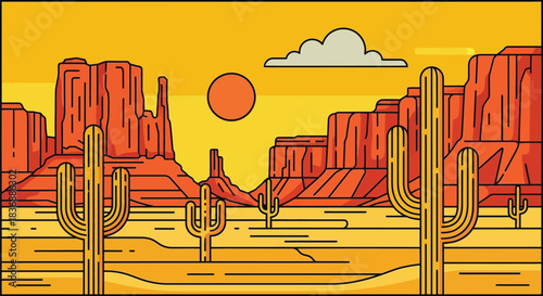 Vibrant desert landscape with cacti and red rock formations at sunset
