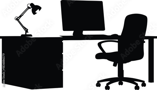 Black office desk with computer, lamp, and chair for workspace concept