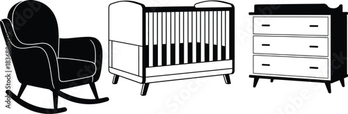 Nursery Furniture Set, Rocking Chair, Crib