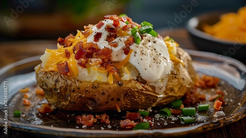 A close up shot of a loaded baked potato with toppings on a plate ready to be served and enjoyed