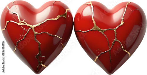Kintsugi Red Ceramic Hearts with Golden Cracks – Love, Unity & Healing on Transparent PNG