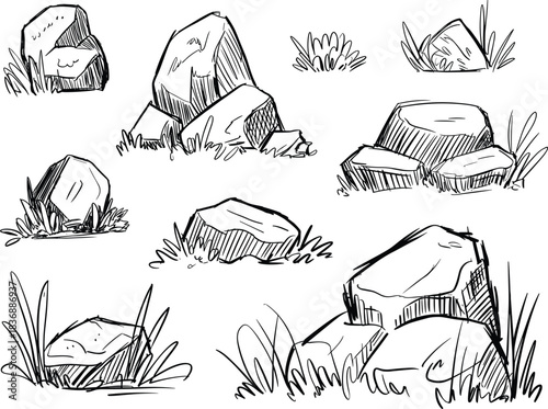 Hand-Drawn Sketch Vector Set of Natural Elements: Featuring Various Pile Configurations of Rocks, Stones, and Pebbles Surrounded by Wild Grass and Weeds.