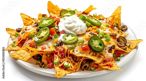 A plate of loaded nachos with cheese jalapenos tomatoes olives and a dollop of sour cream on top