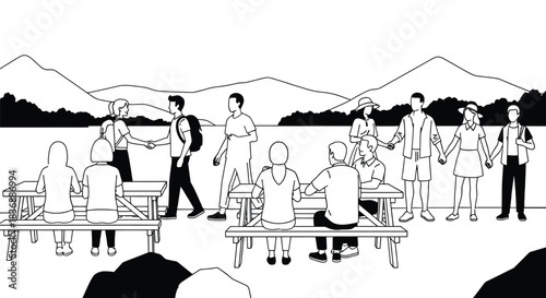 Diverse group of friends enjoying outdoor picnic by serene lake