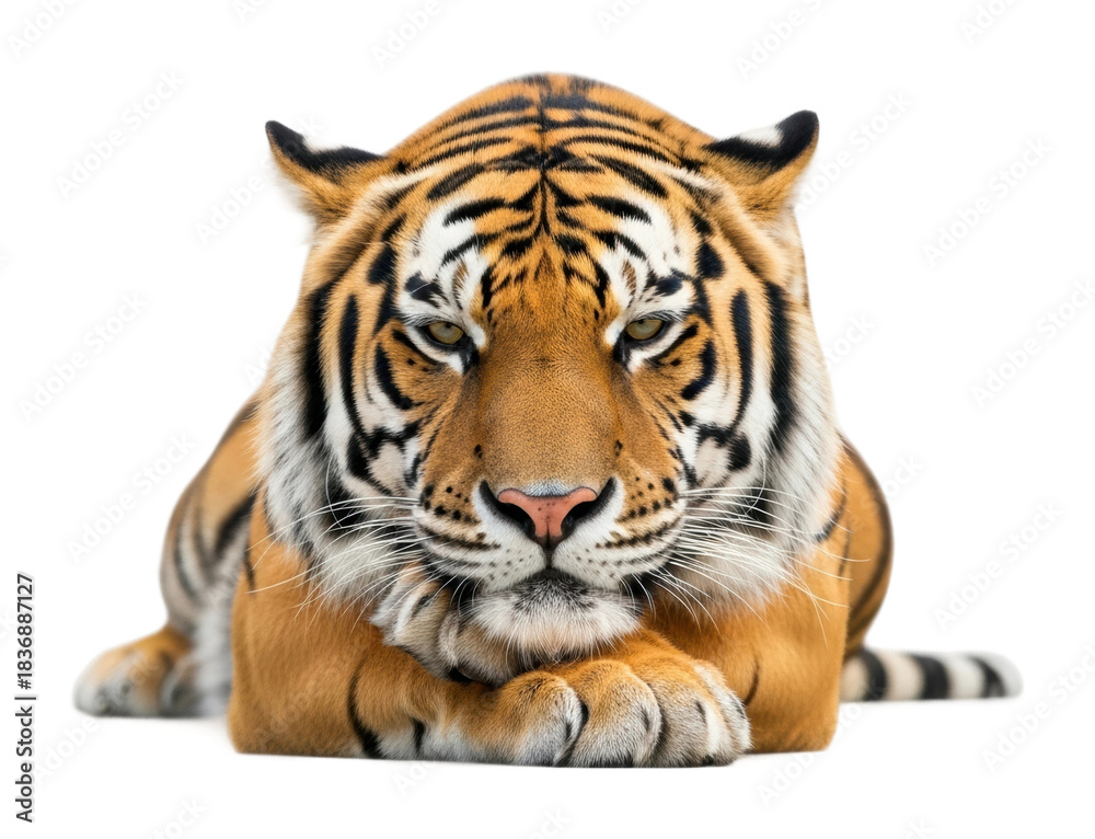 Obraz premium Majestic tiger lying in the wild animal portrait soft lighting isolated on transparent background