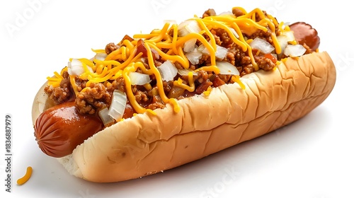 Classic chili dog topped with melted cheese and onion isolated on a white background.