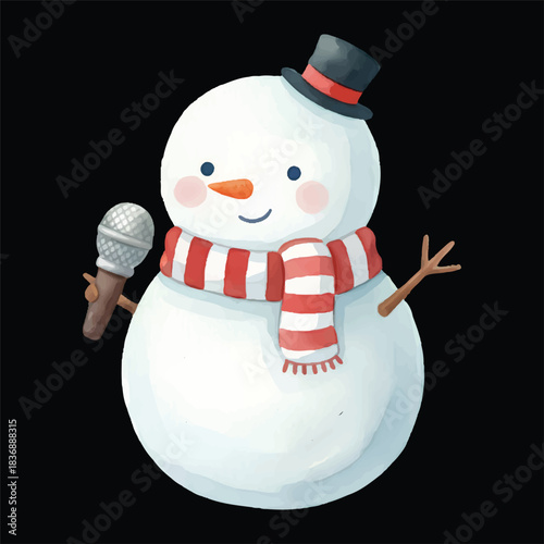 Cute Snowman Jazz Singer Watercolor Illustration Vector Isolated
