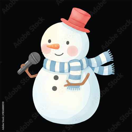 Cute Snowman Pop Singer With Microphone Watercolor Illustration Vector Isolated
