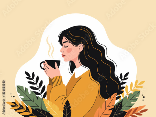 Cozy Autumn Morning Woman Enjoys Warm Coffee or Tea Amidst Vibrant Fall Foliage