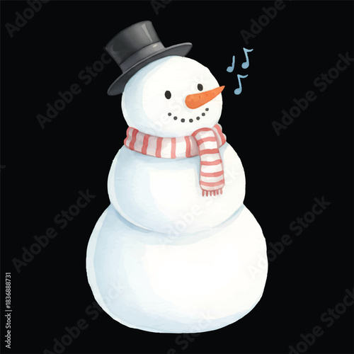 Cute Snowman Choir Singer Watercolor Illustration Vector Isolated
