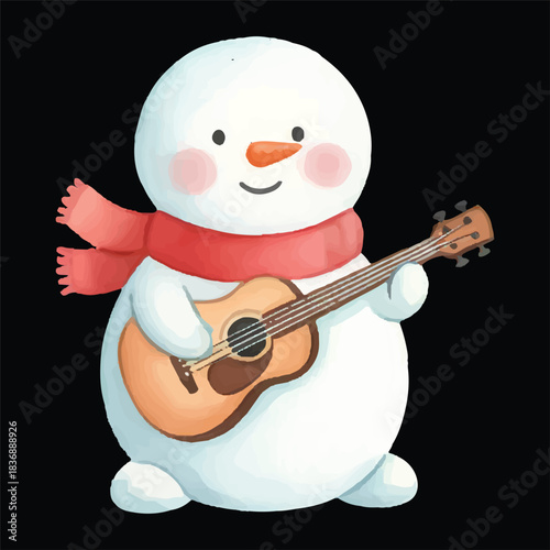 Cute Snowman With Small Bass Guitar Watercolor Illustration Vector Isolated
