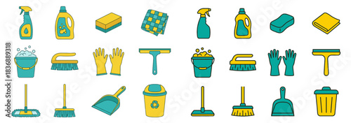 Organized cleaning tools for a spotless home, featuring a spray bottle, gloves, sponge, and mop for a fresh start to spring cleaning projects