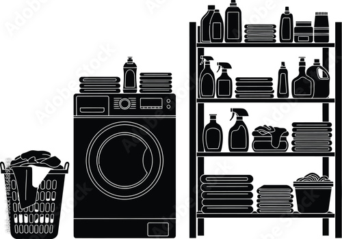 Laundry Room with Washing Machine, Basket, Detergent
